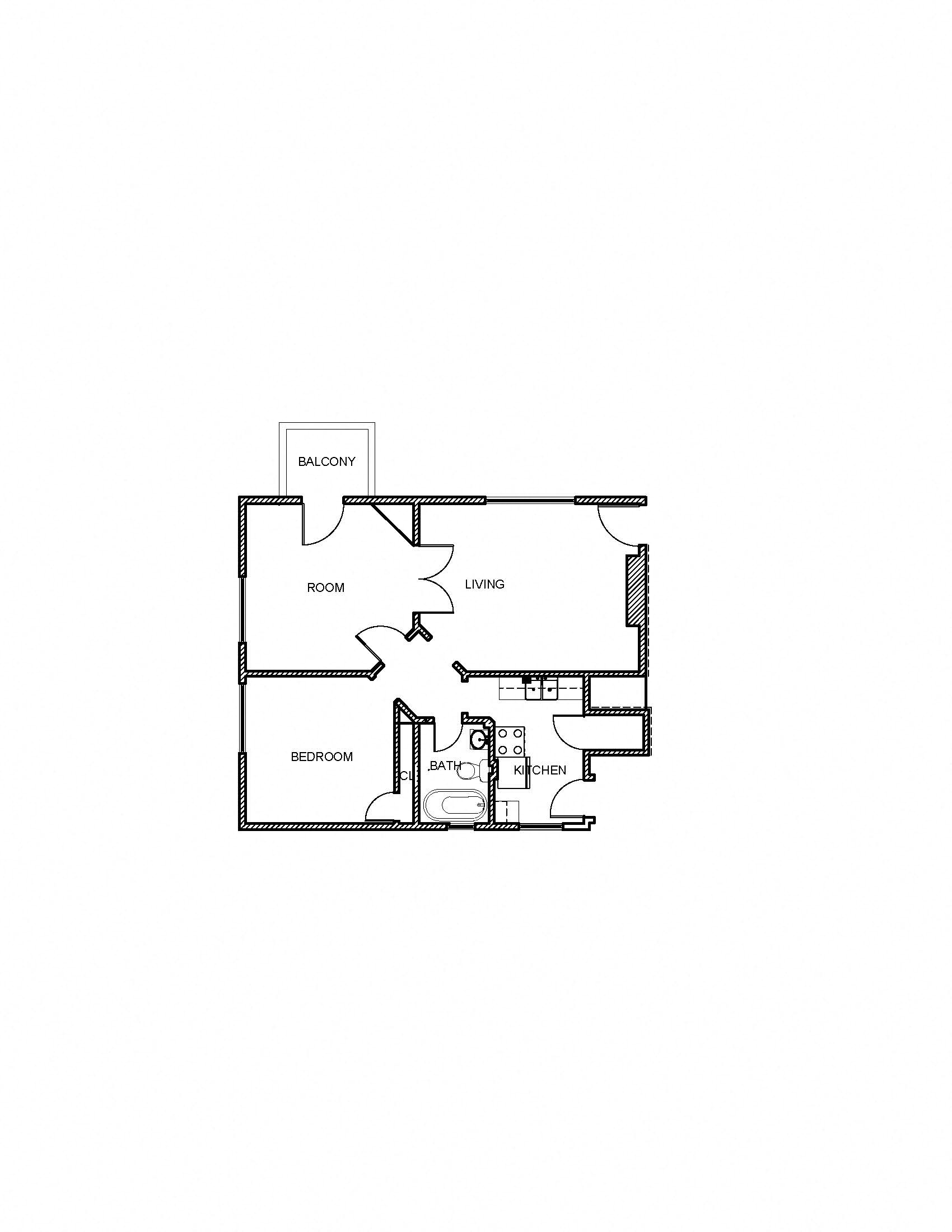 Floor plan for 2 beds, 1 bath, 963 sqft